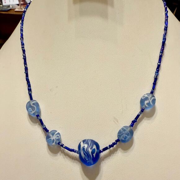 Painted Blue Sea Glass Hand Crafted Beaded Necklace - Picture 7 of 8